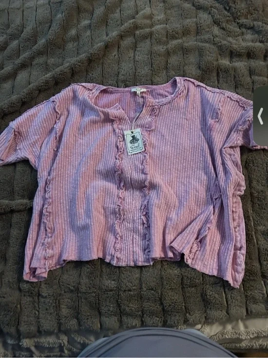 easel Lavender Ribbed Ruffle-Trim Tee - Picture 3 of 4